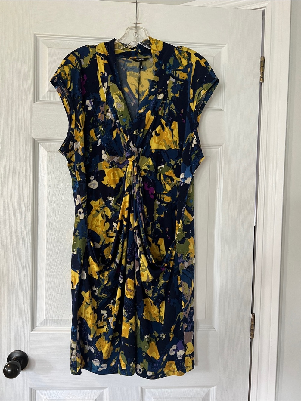 Daisy Fuentes Navy and Yellow Knot-Front Mini Dress